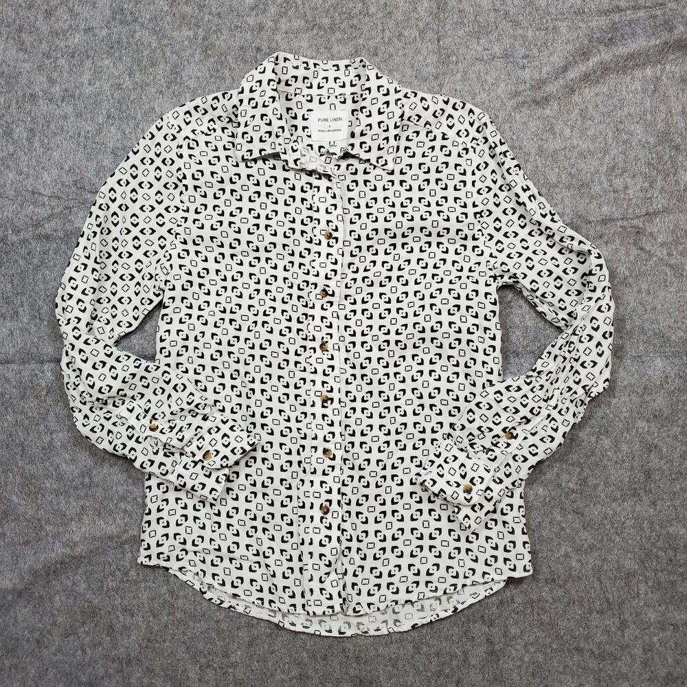 M&S Pure Linen Top Womens US 2 Button Long‎ Sleeve Beach Lightweight Lagenlook